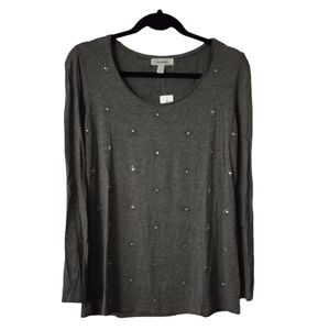 dressbarn Studded Design Front Stretch Long Sleeve Pullover Top Medium Gray NWT
